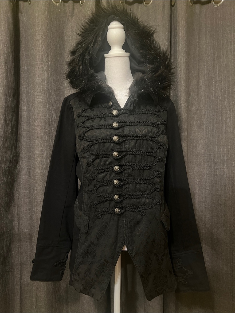 Vintage Tripp NYC Y2K Goth Marching Band Jacket Removable Fur Hood Black XL Goth